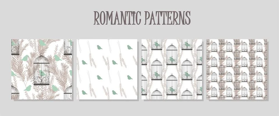 A set of patterns in the style of shabby chic. Boho. Birds in a golden cage.  Illustrazione stock