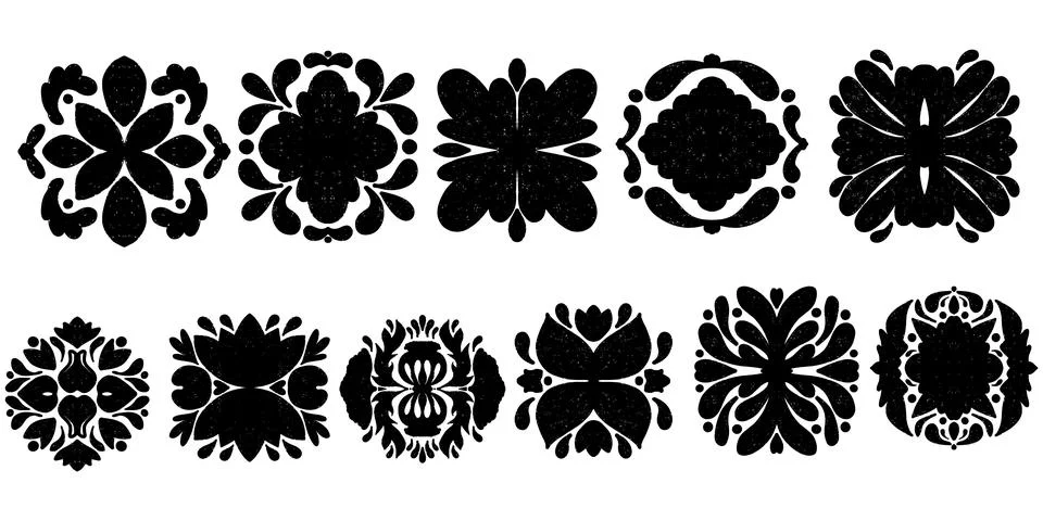 Set of Patterns symmetrical texture imprint black element vector tile pattern Stock Illustration