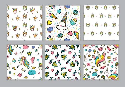 Set patterns with unicorn face and decorative elements Stock Illustration