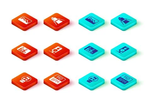 Set Pause button, Bitrate, Music equalizer, Stereo speaker, Movie spotlight and Stock Illustration