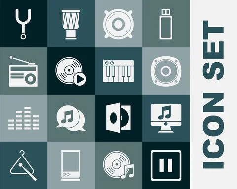 Set Pause button, Computer with music note, Stereo speaker, Vinyl disk, Radio Stock Illustration