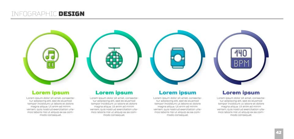 Set Pause button, Disco ball, Beer can and Bitrate. Business infographic Stock Illustration