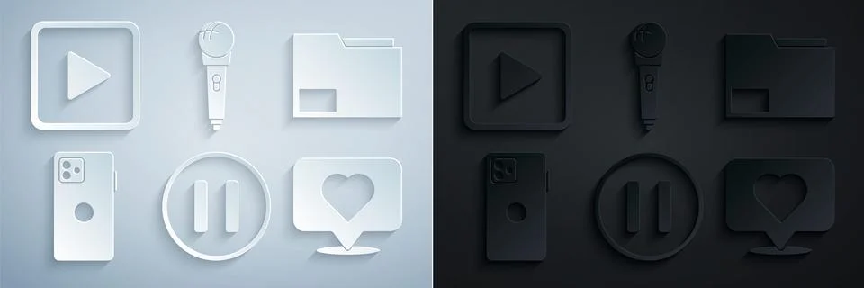 Set Pause button, Document folder, Smartphone, mobile phone, Like and heart.. Illustrazione stock