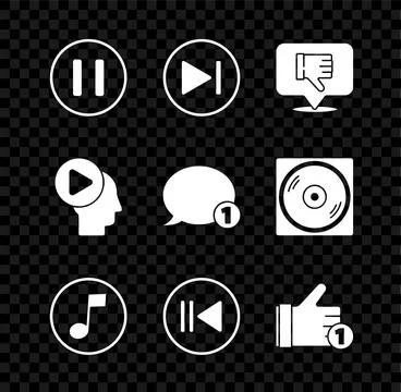 Set Pause button, Fast forward, Dislike in speech bubble, Music note, tone,.. Stock Illustration