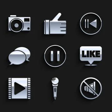 Set Pause button, Microphone, Speaker mute, Like in speech bubble, Play Video Stock Illustration