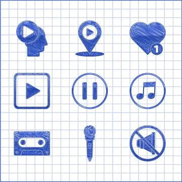 Set Pause button, Microphone, Speaker mute, Music note, tone, Retro audio Stock Illustration