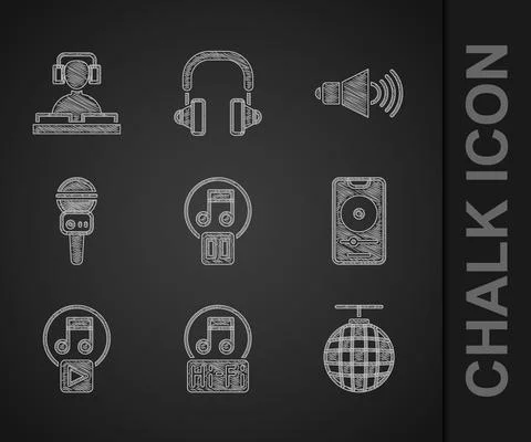 Set Pause button, Music note, tone, Disco ball, player, Play in square Stock Illustration
