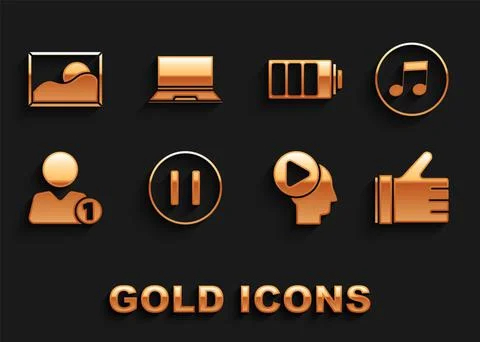 Set Pause button, Music note, tone, Hand like, Head people with play, Add friend Stock Illustration