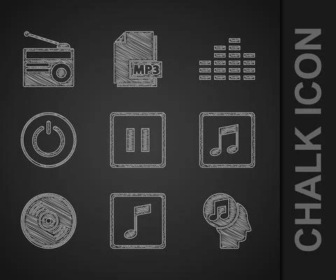 Set Pause button, Music note, tone, Musical in human head, Vinyl disk, Power Stock Illustration