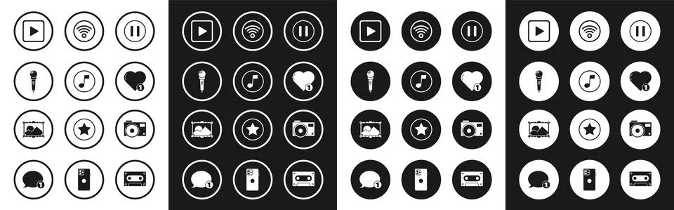 Set Pause button, Music note, tone, Microphone, Play in square, Like and heart Stock Illustration