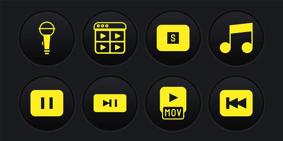 Set Pause button, Music note, tone, MOV file, Stop media, playlist, Rewind and Illustrazione stock