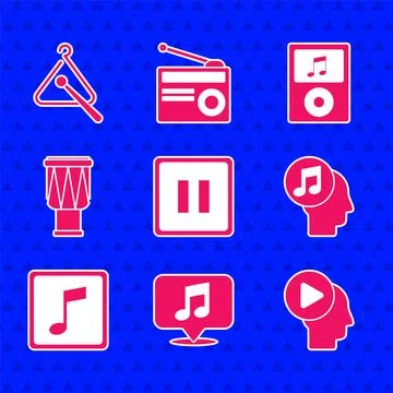 Set Pause button, Musical note in speech bubble, Head people with play, human Illustrazione stock