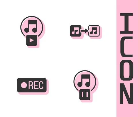 Set Pause button, Play in square, Record and Music note, tone icon. Vector Stock Illustration