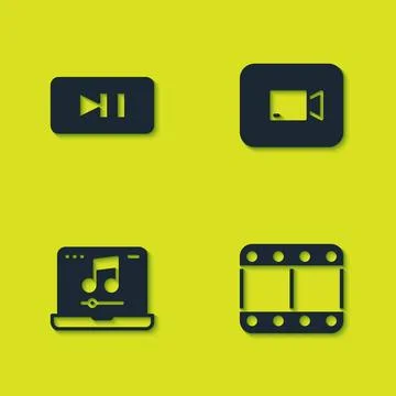 Set Pause button, Play video, Laptop with music and  icon. Vector Illustrazione stock