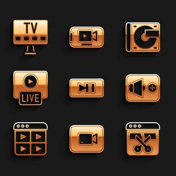 Set Pause button, Play video, Video recorder or editor, Speaker volume, Mus.. Stock Illustration
