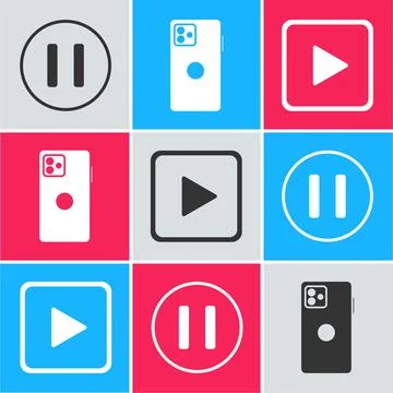 Set Pause button, Smartphone, mobile phone and Play in square icon. Vector Stock Illustration