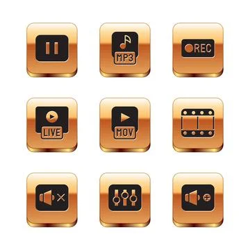 Set Pause button, Speaker mute, Sound mixer controller, MOV file, Live stream Stock Illustration