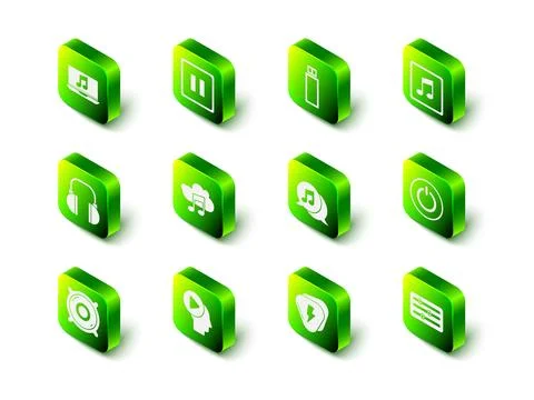 Set Pause button, USB flash drive, Music note, tone, Power, Sound mixer Illustrazione stock