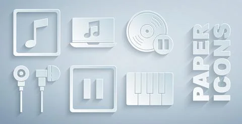 Set Pause button Vinyl disk Air headphones Music synthesizer Laptop with musi Illustrazione stock