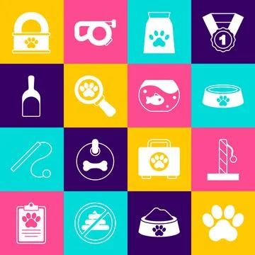 Set Paw print, Cat scratching post, Pet food bowl, Bag of for pet, Veterinary Stock Illustration
