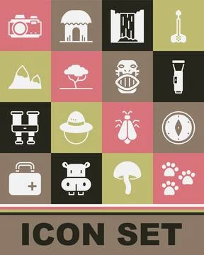 Set Paw print, Compass, Flashlight, Waterfall, African tree, Mountains, Photo Illustrazione stock