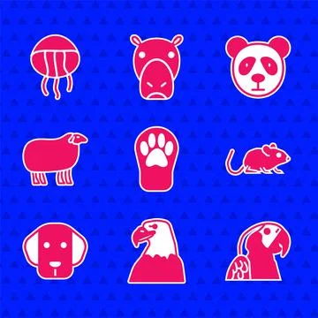 Set Paw print, Eagle head, Macaw parrot, Rat, Dog, Sheep, Cute panda face and Stock Illustration