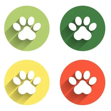 Set Paw print icon isolated with long shadow background. Dog or cat paw pri.. Stock Illustration