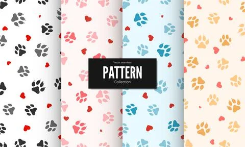 Set of Paw print seamless texture. Textile pattern cat footprints with hearts Stock-Illustration