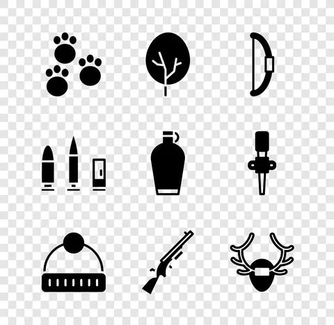 Set Paw print, Tree, Bow, Winter hat, Shotgun, Deer antlers on shield, Bullet Stock Illustration