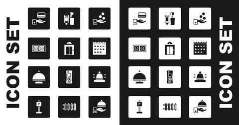 Set Paying tips, Lift, Electrical outlet, Digital door lock, Hotel booking Illustration