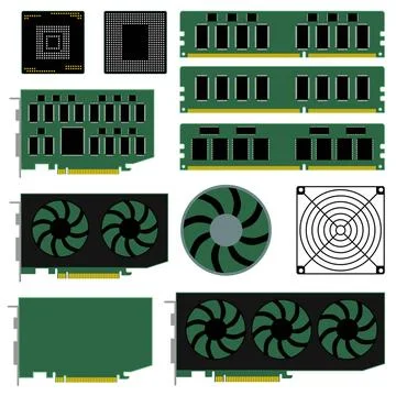 Set of PC hardware and computer parts isolated on white background. CPU, v... Stock Photos