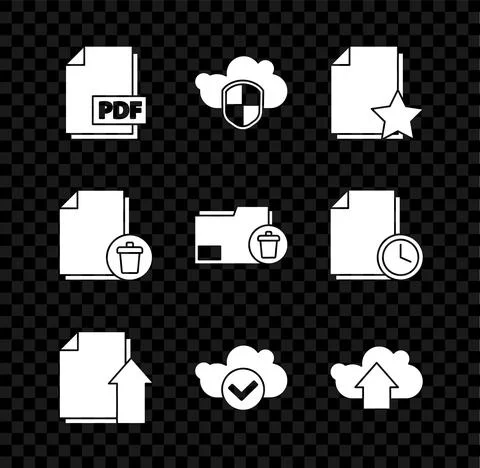 Set PDF file document, Cloud and shield, Document with star, Upload, check mark イラスト素材