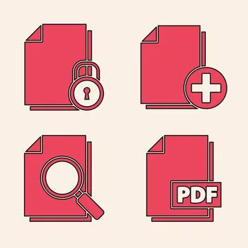 Set PDF file document, Document and lock, Add new file and Document with sear Illustrazione stock