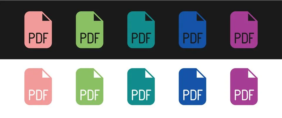 Set PDF file document. Download pdf button icon isolated on black and white Stock Illustration