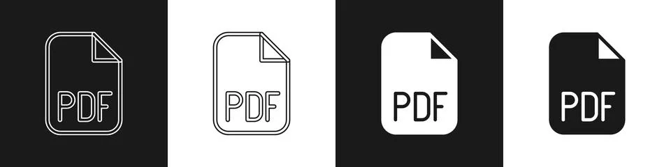 Set PDF file document. Download pdf button icon isolated on black and white b Illustrazione stock