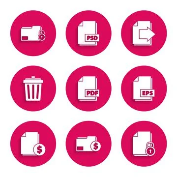 Set PDF file document, Finance folder, Document and lock, EPS, Trash can, Next Stock Illustration