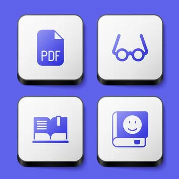 Set PDF file document, Glasses, Open book and Book icon. White square button Stock Illustration