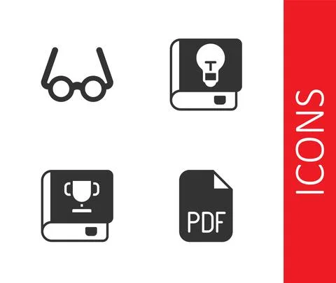 Set PDF file document, Glasses, Book and User manual icon. Vector Stock Illustration