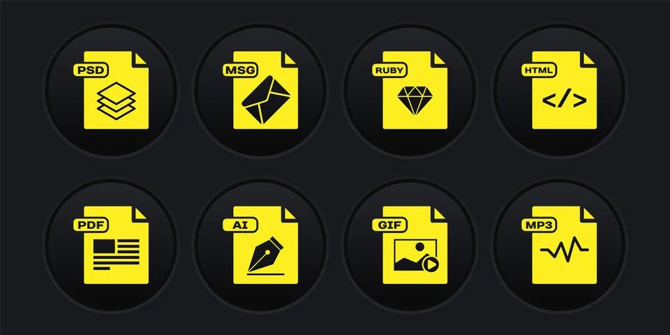Set PDF file document, HTML, AI, GIF, RUBY, MSG, MP3 and PSD icon. Vector Stock Illustration