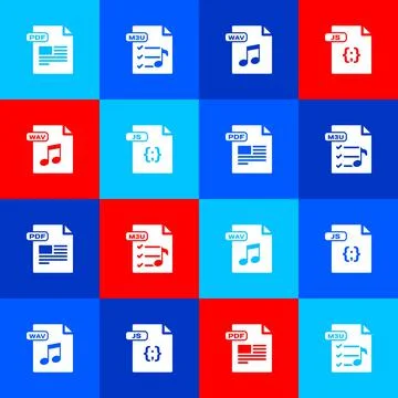 Set PDF file document, M3U, WAV and JS icon. Vector 스톡 일러스트