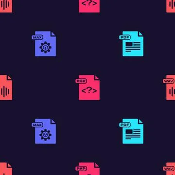 Set PDF file document, MAX, PHP and WAV on seamless pattern. Vector Stock Illustration