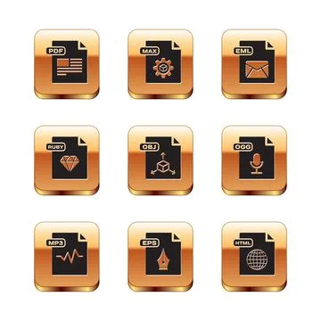 Set PDF file document, MP3, EPS, OBJ, RUBY, EML, HTML and MAX icon. Vector Stockillustratie