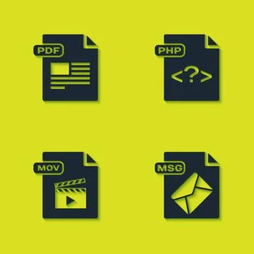 Set PDF file document, MSG, MOV and PHP icon. Vector Illustrazione stock