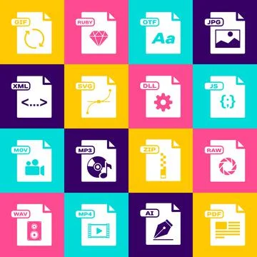 Set PDF file document, RAW, JS, OTF, SVG, XML, GIF and DLL icon. Vector Illustrazione stock