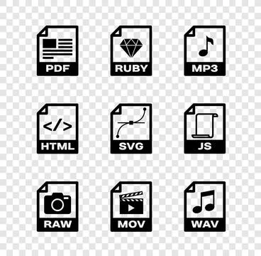 Set PDF file document, RUBY, MP3, RAW, MOV and WAV icon. Vector Stock Illustration