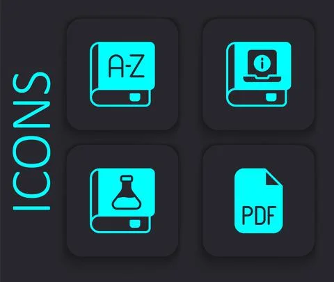 Set PDF file document, Translator book, User manual and Chemistry icon. Black Stock Illustration