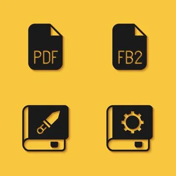 Set PDF file document, User manual, Book about weapon and FB2 File icon with Stock Illustration
