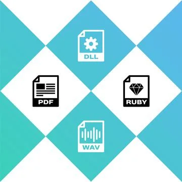 Set PDF file document, WAV, DLL and RUBY icon. Vector Illustrazione stock