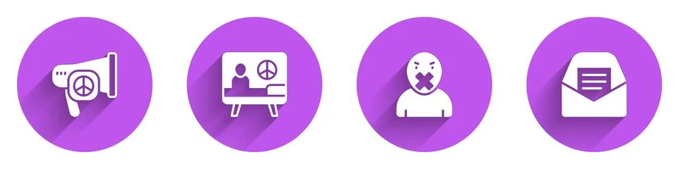 Set Peace, , Censor and freedom of speech and Mail e-mail icon with long shadow Stock Illustration