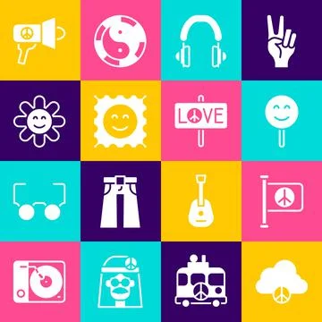 Set Peace cloud, Flag peace, Smile face, Headphones, LSD acid mark, Flower 스톡 일러스트
